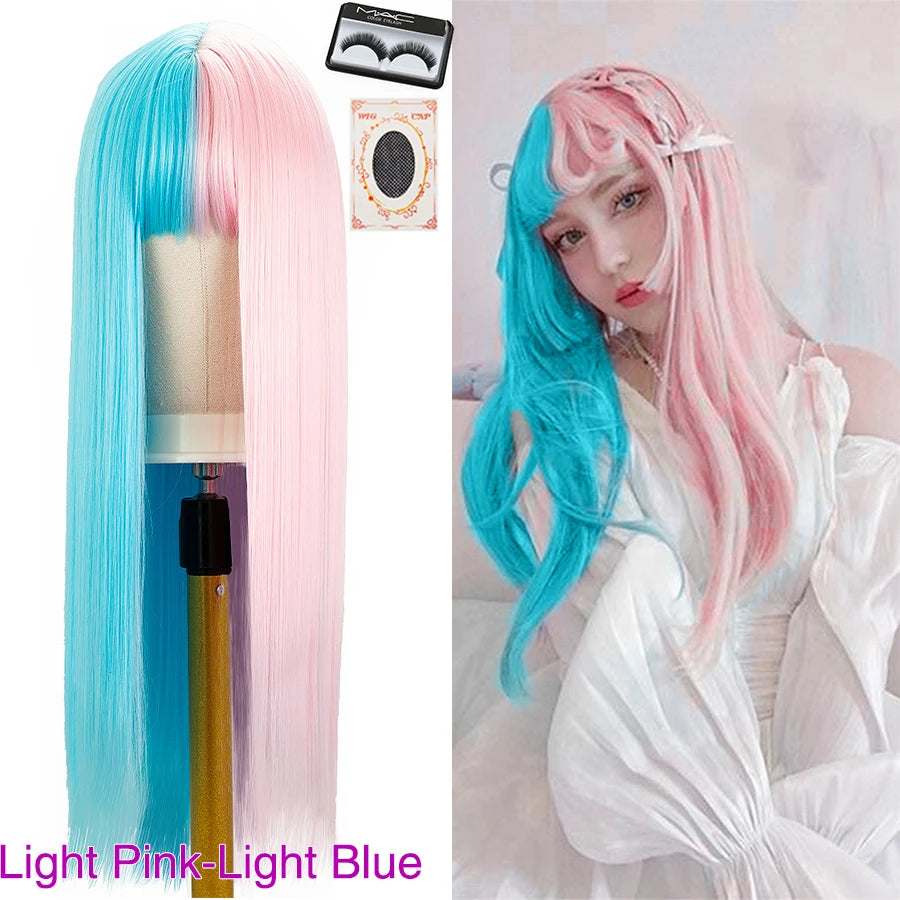 Peluca Larga Lisa Bicolor Negro y Naranja con Flequillo – 26 Pulgadas Sintética para Cosplay y Fiesta