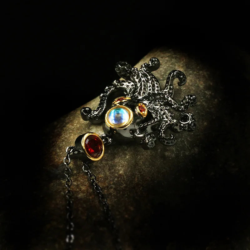 Collar Gargantilla de Plata 925 con Rubí y Pulpo - Estilo Turco Vintage Oro Negro