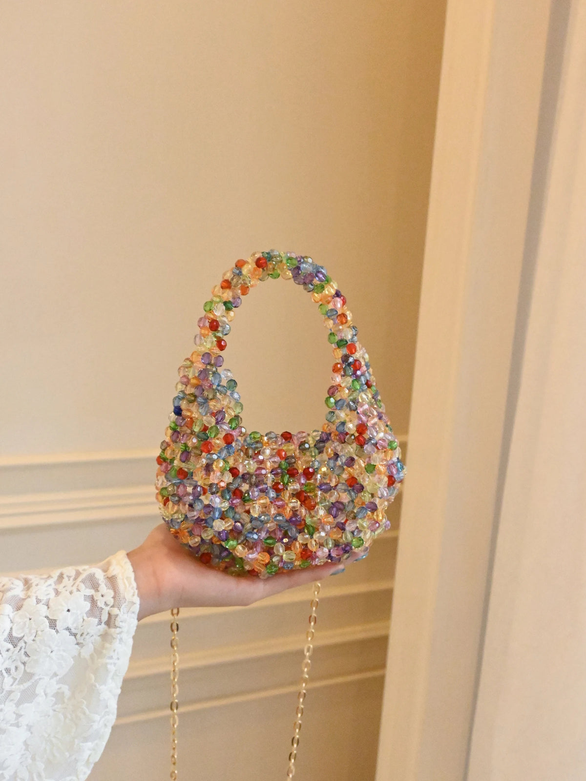 Bolso de Fiesta con Cuentas de Perlas y Cadena