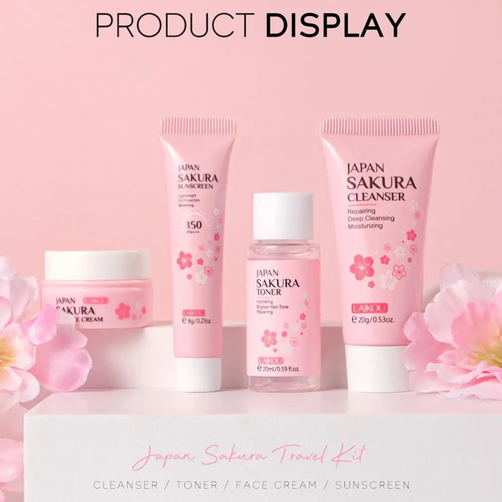 LAIKOU Set Skincare Sakura – Limpiador, Toner, Crema Facial y Protector Solar | Kit Viaje