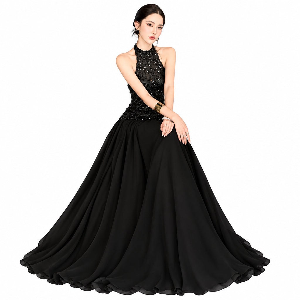 Vestido Largo Negro Cuello Halter y Espalda Descubierta para Mujer