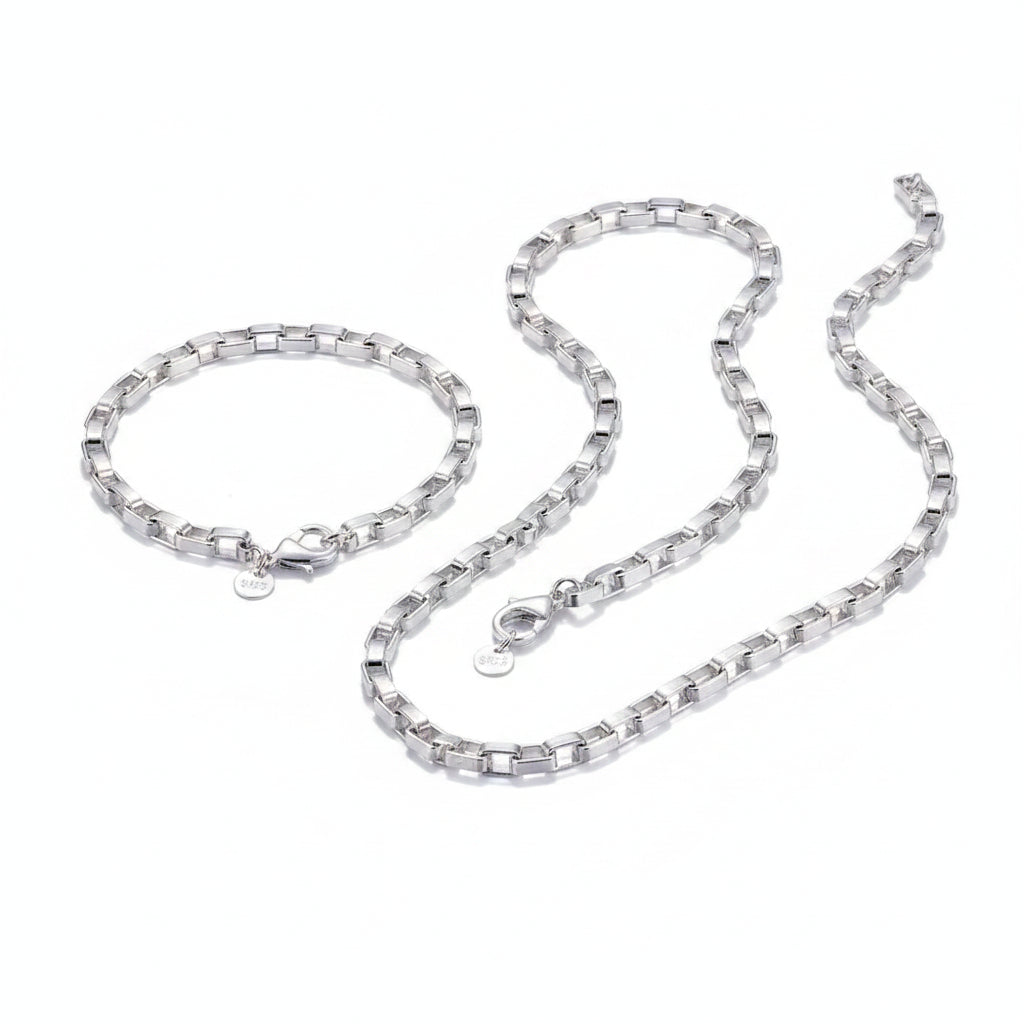 Set Joyería Plata 925 Cadena Caja 5MM Pulsera Collar Hombre Mujer - Accesorios Fiesta Boda Regalo Moda