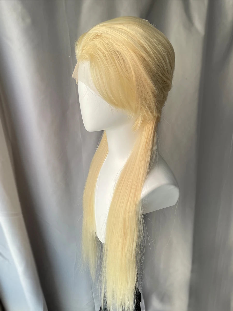 Peluca Mullet Larga Rubio Platino 613 – Frontal de Encaje 13x4 Sintética para Cosplay y Halloween