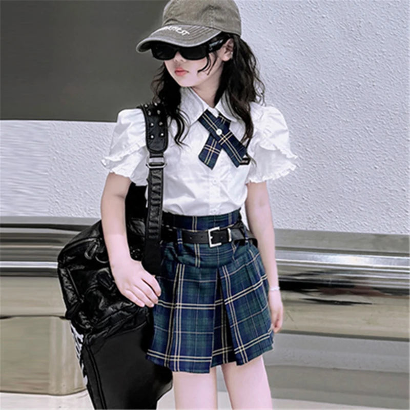 Conjunto Preppy Coreano de Verano para Niña – Blusa + Falda a Cuadros 2 Piezas con Cinturón
