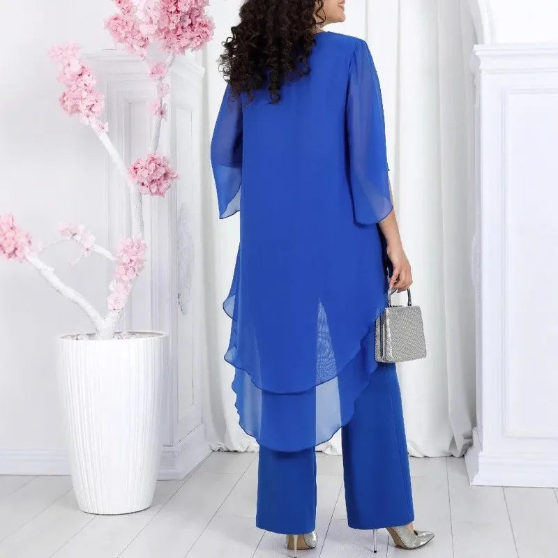 Conjunto Elegante 2 Piezas Mujer Chiffón Sólido Manga Media Top Largo con Capas Bordes Volantes y Pantalones Rectos Outfits