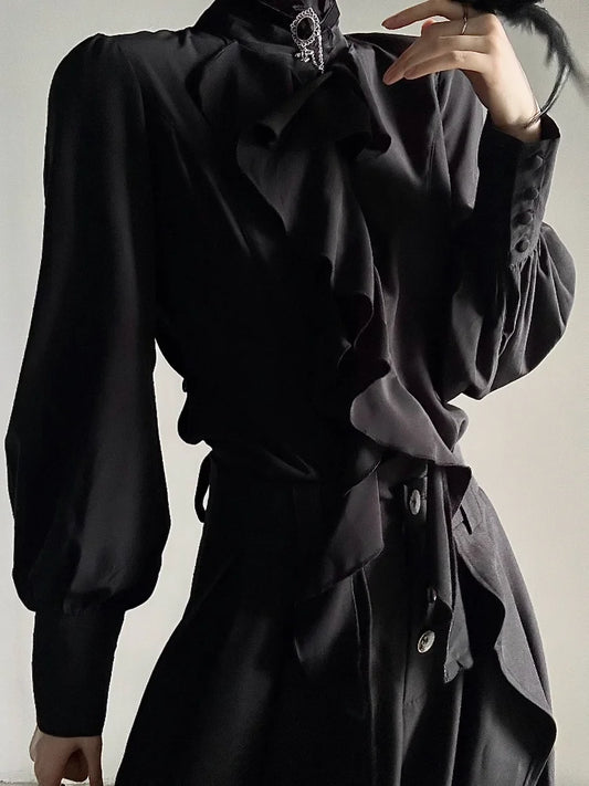 Camisa Vintage Gótica Negra Base Mujer Y2k Harajuku Cuello Alto Volantes Ajustada Blusas Japonesa Elegante Manga Larga Tops Nueva