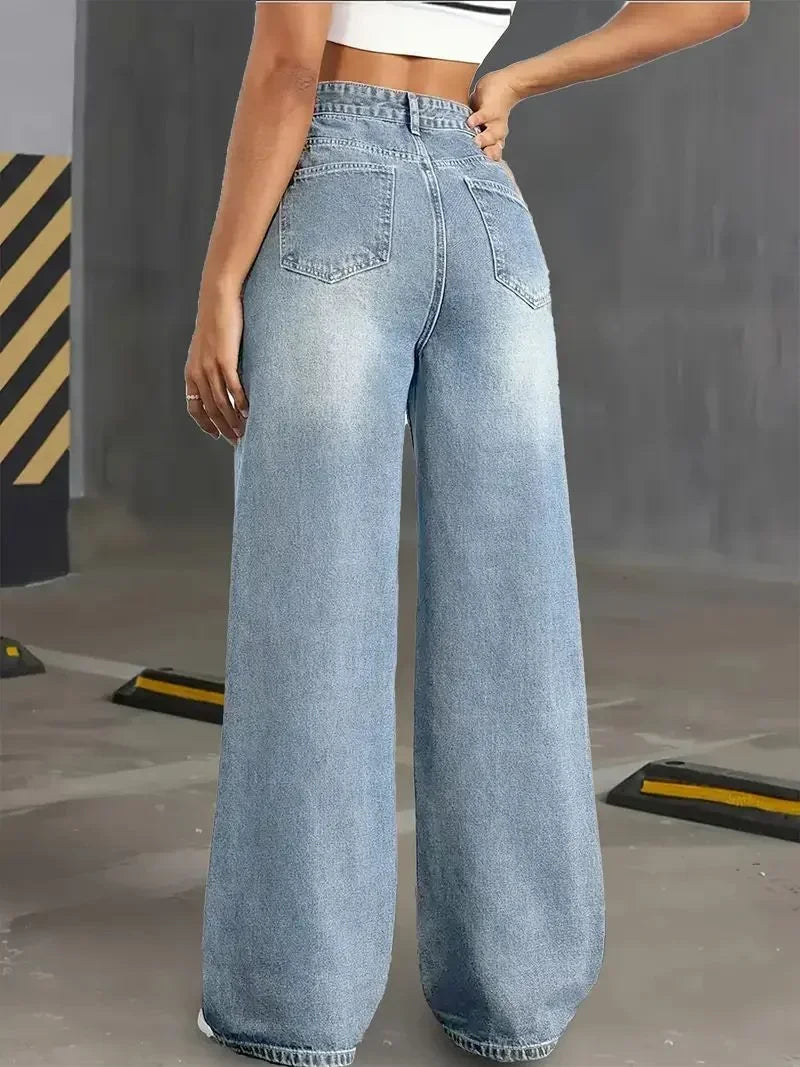 Y2k Jeans Jeans for Woman Classic Blue Elastic Straight Leg Simple Design Retro Style Stretchy Denim Trousers