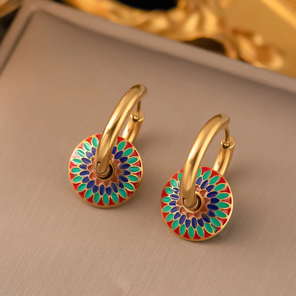 Set de 2 Piezas Aretes y Collar con Epoxi Colorido - Metal Dorado para Uso Diario