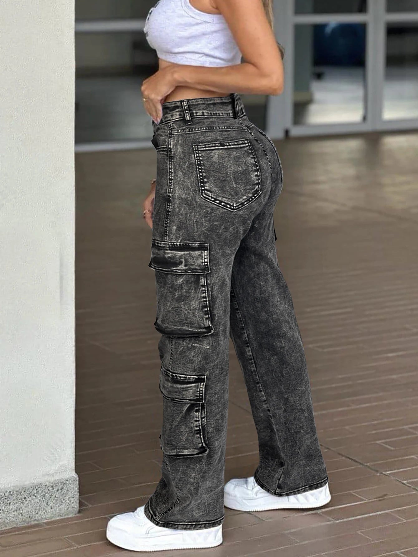 Vintage Y2k Washed Multi-Flap Pocket Straight Leg Cargo Jeans Women's Mid-Rise Versatile Streetwear Campu Sall Seasons Match