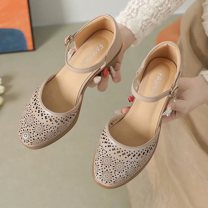 Sandalias Cuero Genuino Tacón Hueco Mujer - Estilo Retro Elegante 2026