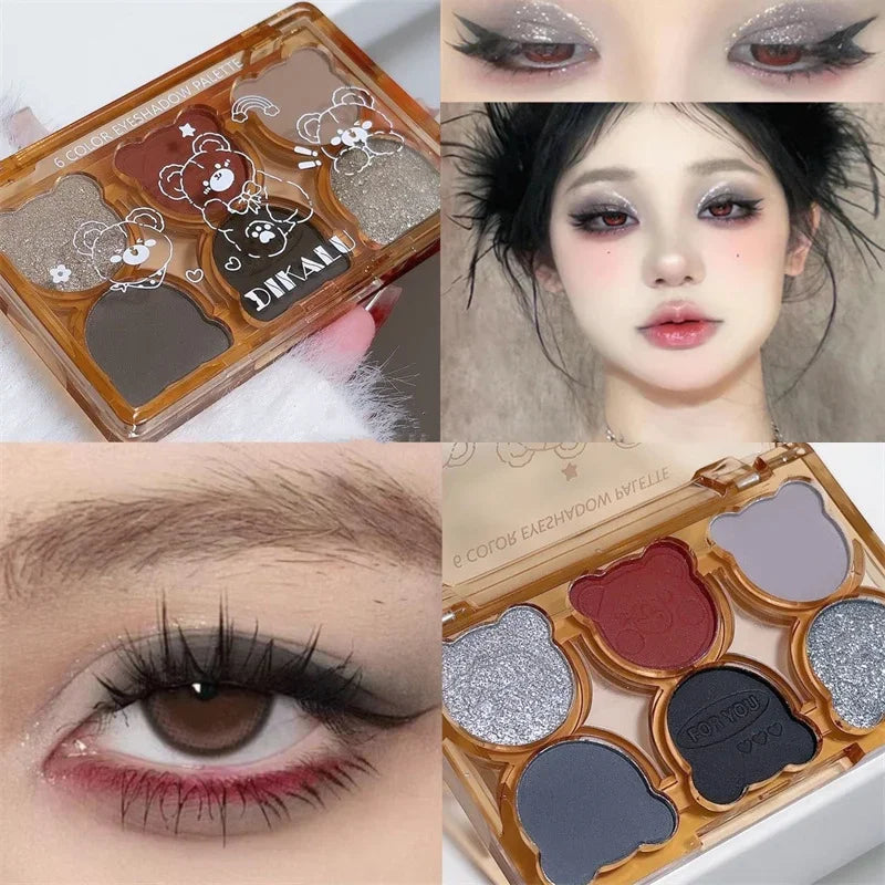 Paleta 6 Colores Sombras Mate Shimmer Ahumado – Tonos Gris Rojo Negro Vino Maquillaje