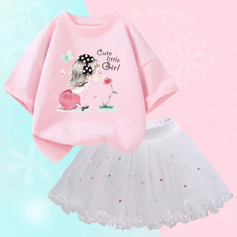 Fashion Summer Girls Clothes Korean Pretty T Shirt&mesh Tutu Skirt Two Piece Outfits Set 3-14 Year Children Party Clothing