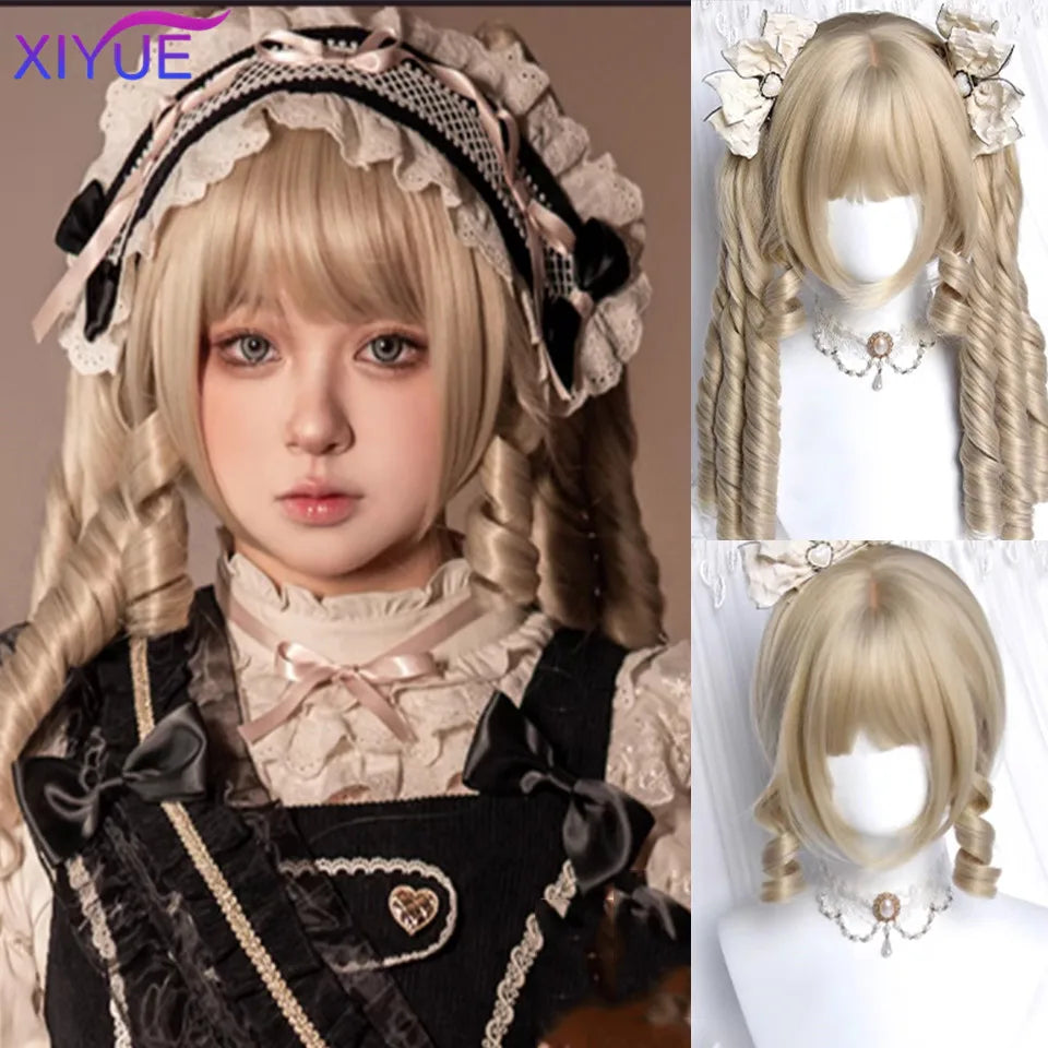 Peluca Sintética Corta con Dobles Coletas Rizadas y Flequillo – Estilo Lolita Cosplay