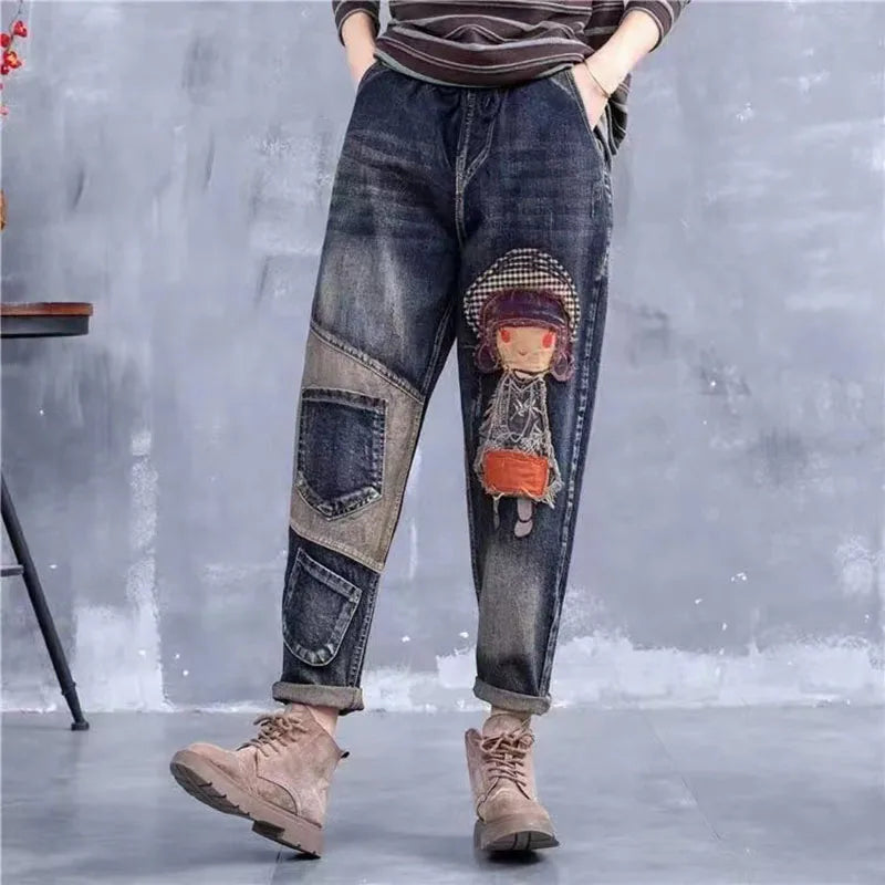 New Women Embroidery Retro Denim Jeans 2024 Spring Autumn High Waist Nine Points Cowboy Trousers Denim Harlan Pants Femme
