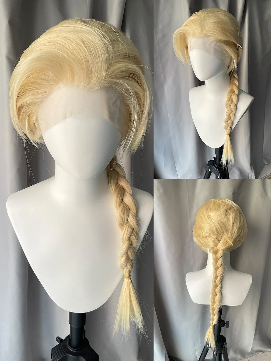 Peluca Mullet Larga Rubio Platino 613 – Frontal de Encaje 13x4 Sintética para Cosplay y Halloween