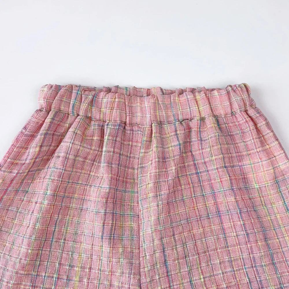 Bear Leader Summer Kids Fashion Outfits Girls Clothing Sets Pink Plaid Sleeveless Top + Wide Leg Pants Lace Two-piece Suits