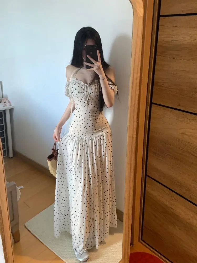Vestido Coreano Popular Y2K Dulce Moda Femenina Chic Lunares Estilo Francés Elegante Diseño Adelgazante Vacaciones Mujer