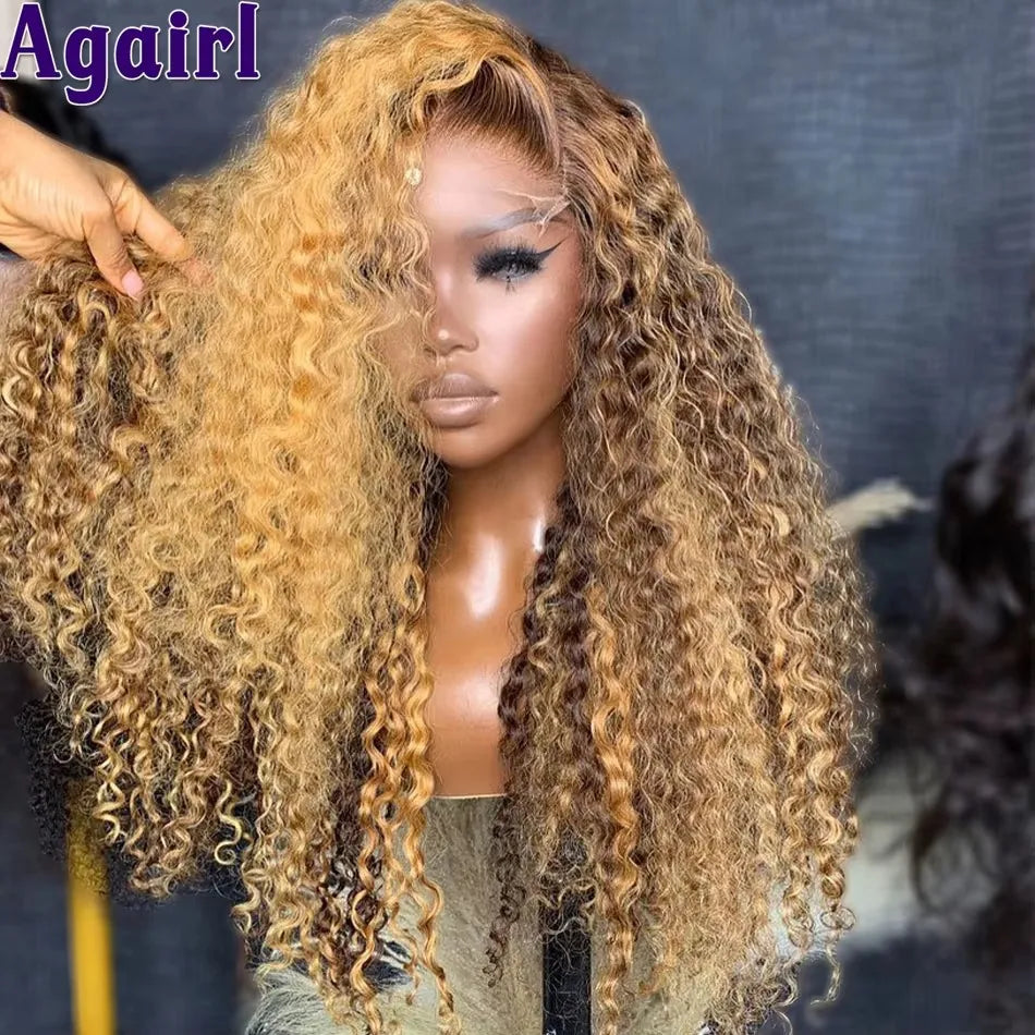 Peluca Curly Honey Blonde 13x6 | Cabello Humano Ombre 200% Densidad Glueless