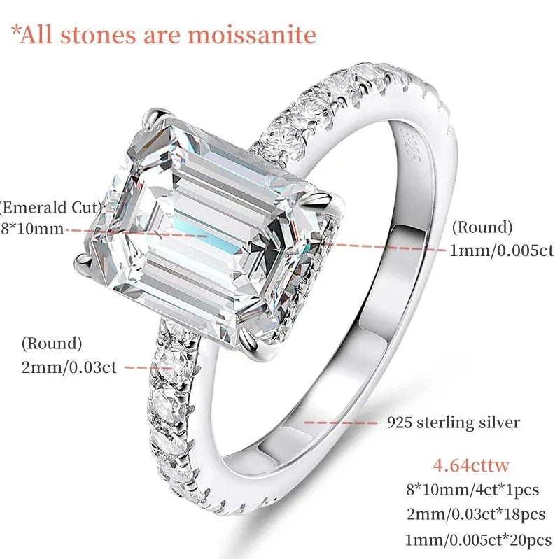 Anillo Moissanite Corte Esmeralda Color D Plata 925 para Mujer