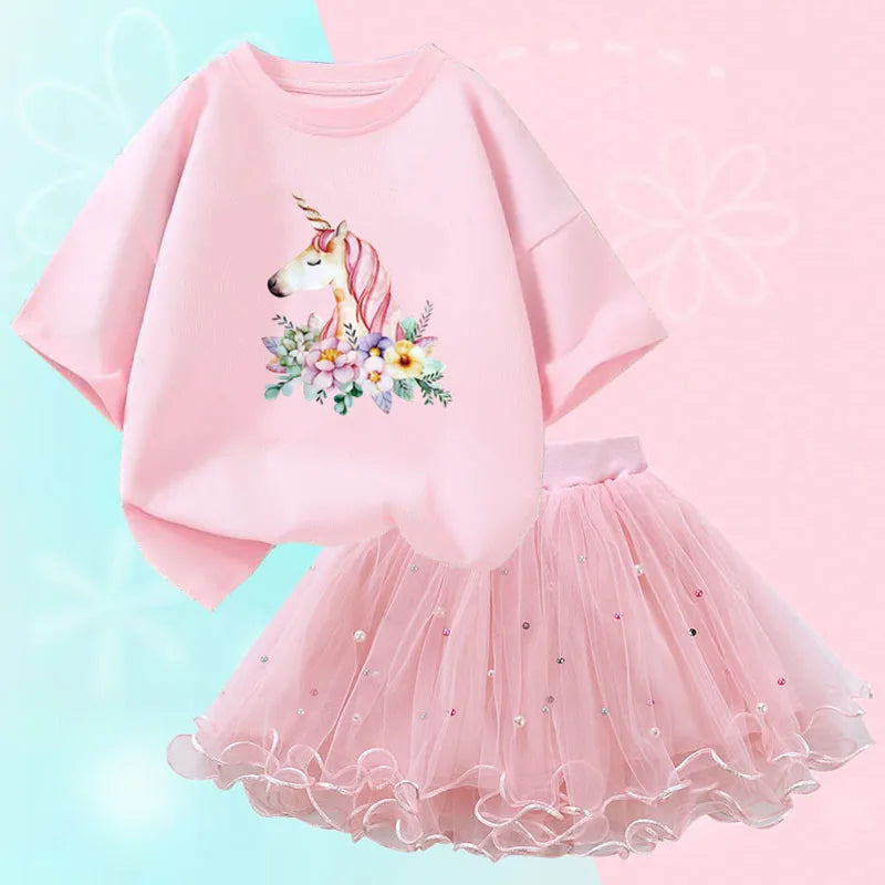 Fashion Summer Girls Clothes Korean Pretty T Shirt&mesh Tutu Skirt Two Piece Outfits Set 3-14 Year Children Party Clothing