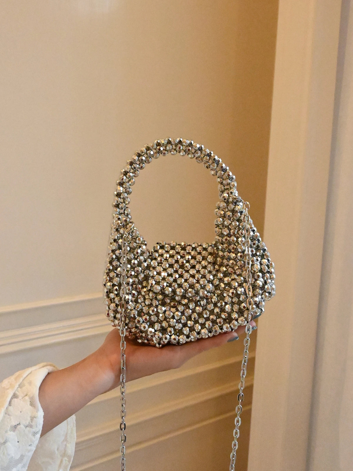 Bolso de Fiesta con Cuentas de Perlas y Cadena