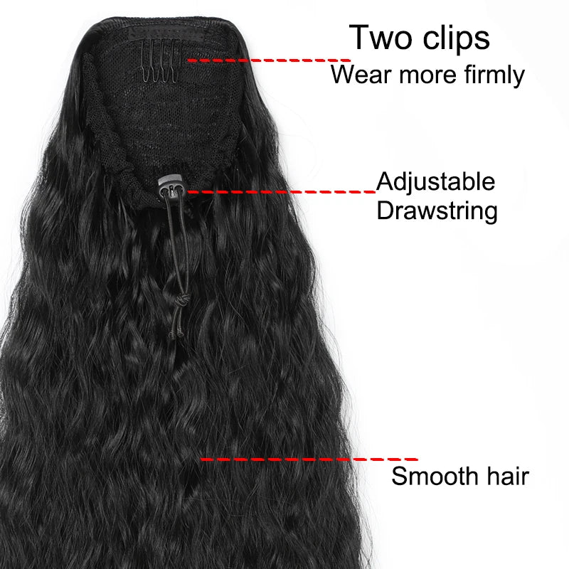 Cola de Caballo Kinky Curly Sintética 22 Pulgadas – Extensión con Clip y Cordón | Negro para Mujer