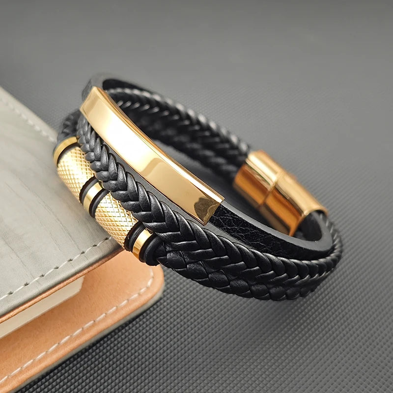 Pulsera de Cuero Punk Rock para Hombre - Estilo Clásico con Cierre Magnético