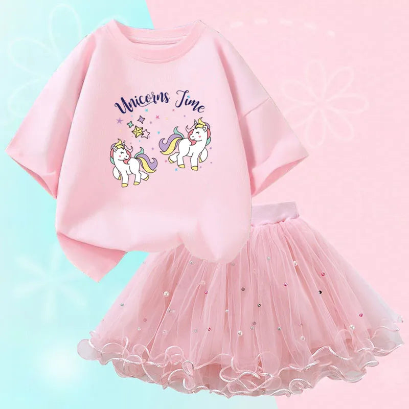 Fashion Summer Girls Clothes Korean Pretty T Shirt&mesh Tutu Skirt Two Piece Outfits Set 3-14 Year Children Party Clothing