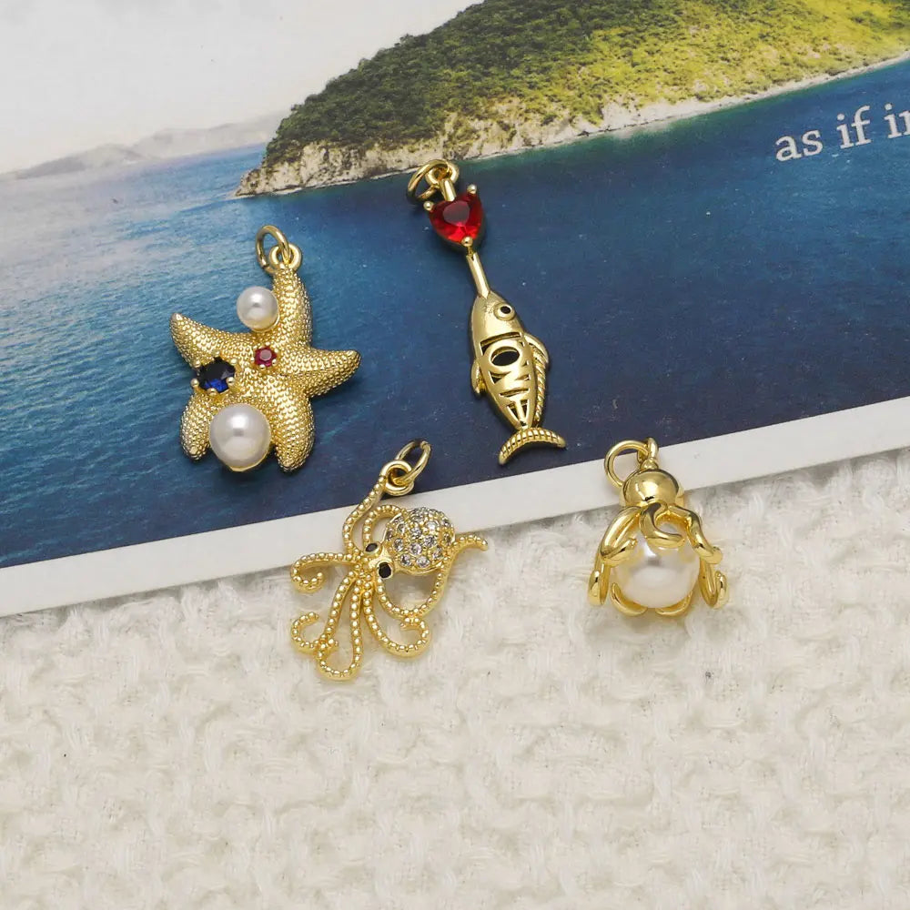 Dije de Estrella de Mar con Perla y Cristal - Cobre con Circonia Cúbica para Collar