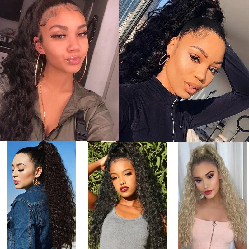 Cola de Caballo Kinky Curly Sintética 22 Pulgadas – Extensión con Clip y Cordón | Negro para Mujer