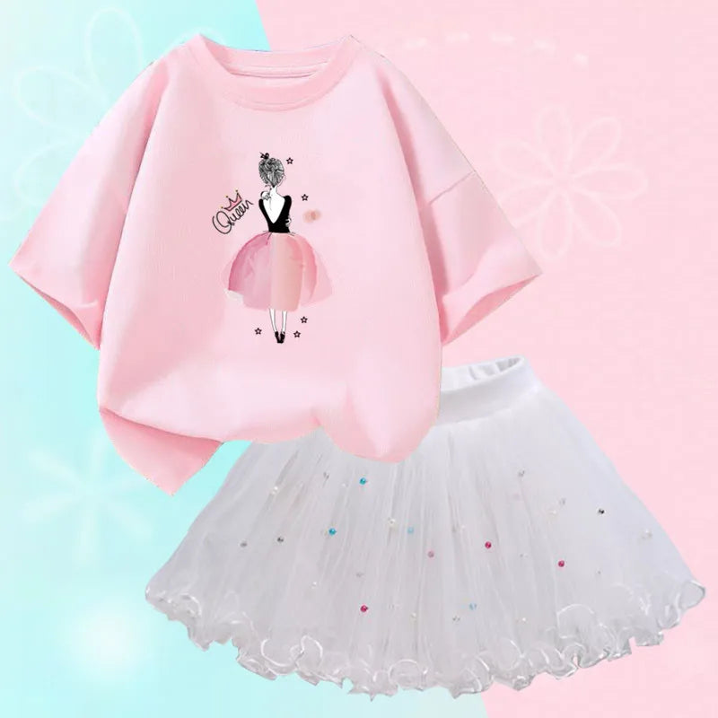 Fashion Summer Girls Clothes Korean Pretty T Shirt&mesh Tutu Skirt Two Piece Outfits Set 3-14 Year Children Party Clothing