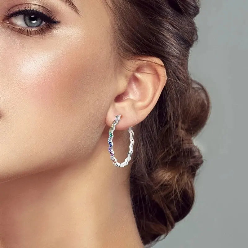 Aretes Aro Redondo Zircón Geométrico Plata 925 para Mujer