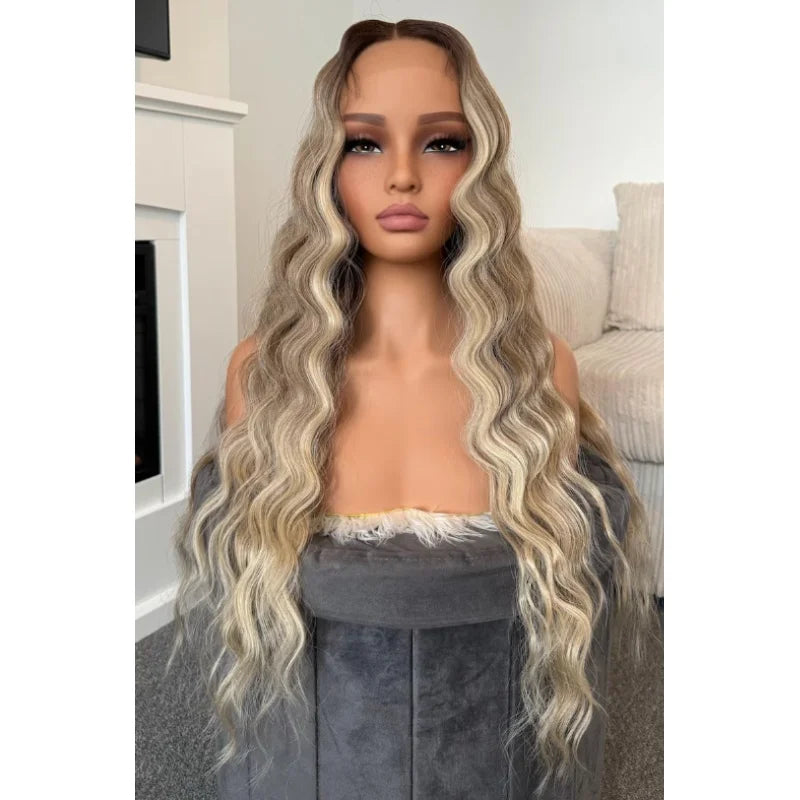 Peluca Frontal de Encaje 13x4 Ondas Profundas Rubia Platino – Sintética Sin Pegamento para Mujer