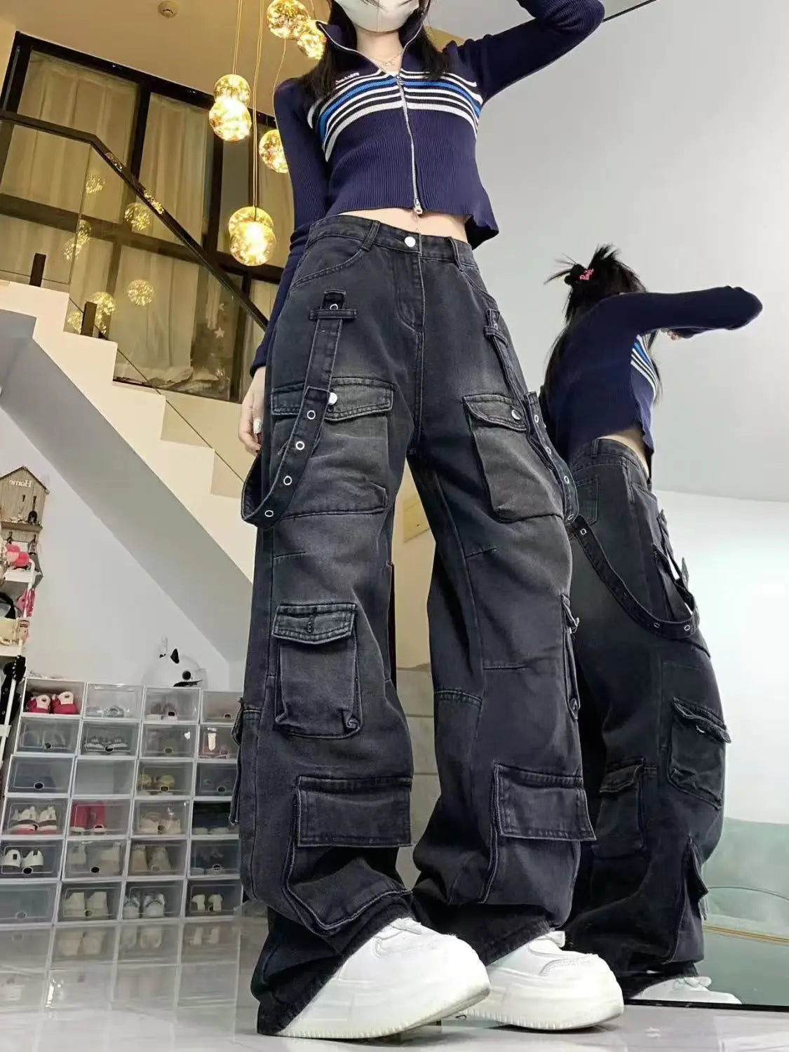 2025 Y2K European and American Harajuku Wide Loose Jeans Wide Legs Gothic Punk Multi-Pocket Hip-hop Washed New High Street Y2k