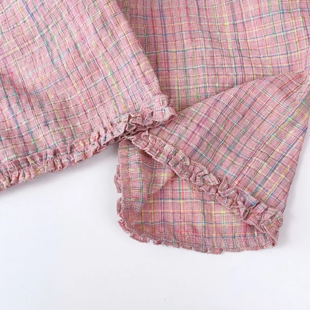 Bear Leader Summer Kids Fashion Outfits Girls Clothing Sets Pink Plaid Sleeveless Top + Wide Leg Pants Lace Two-piece Suits