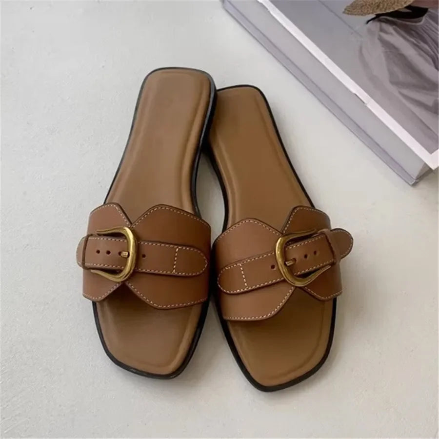 Sandalias Planas Playa Mujer - Hebilla Gladiador Cuero Genuino Verano