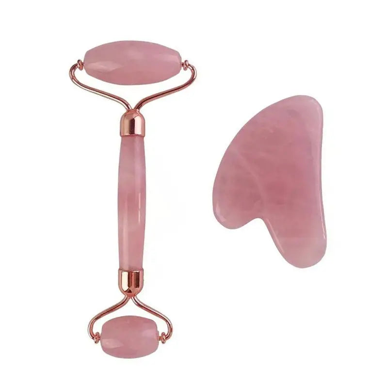 Set Gua Sha Cuarzo Rosa Natural + Rodillo Jade – Masaje Facial y Herramientas Skincare