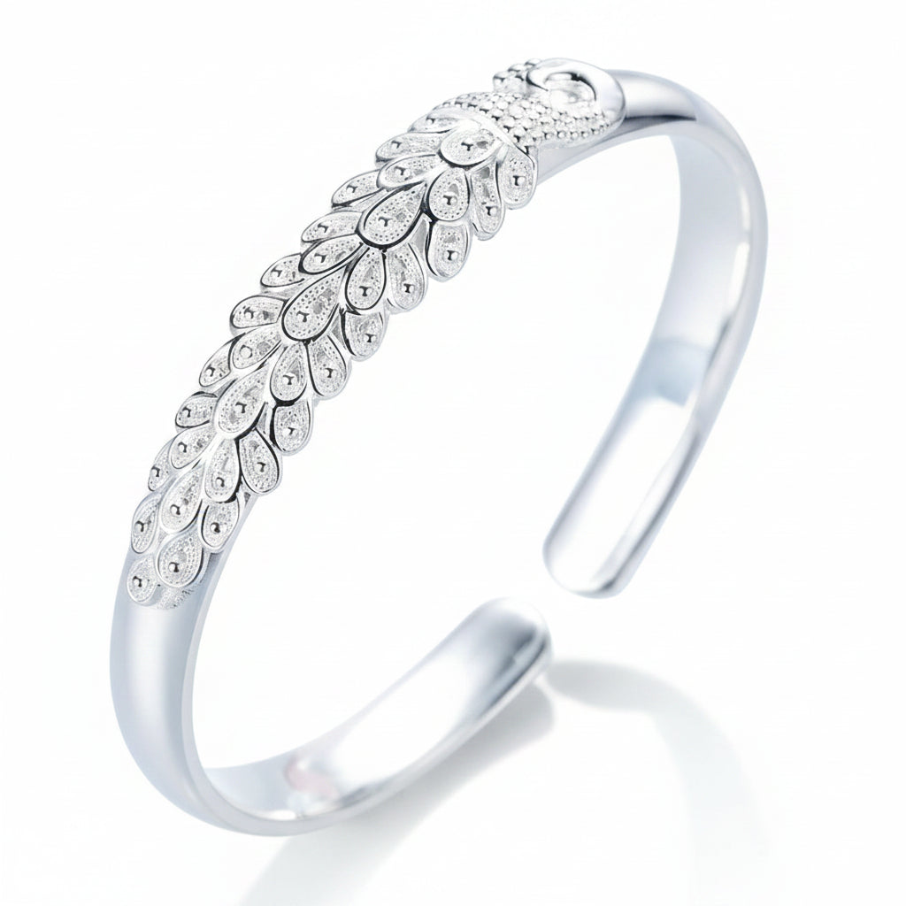 Pulsera Plata 925 Sterling Silver Pavo Real Elegante Apertura - Brazalete Mujer Moda Fiesta Boda Accesorio Regalo