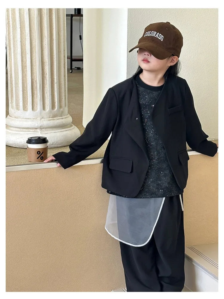 Girls Grey Suit Spring 2026 Casual Loose Blazer Skirt Two Pieces School Uniform for Kids Wedding Party Formal Costumes 2-13 Year
