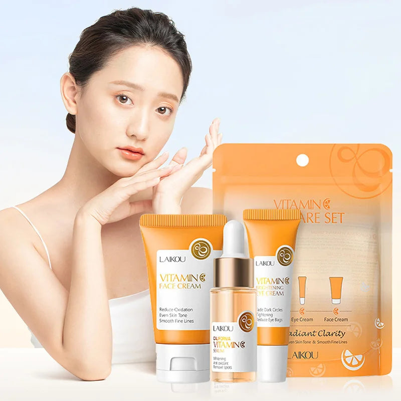 Set LAIKOU 3 Piezas – Crema Facial, Sérum y Contorno de Ojos Vitamina C, Sakura o Caracol Dorado