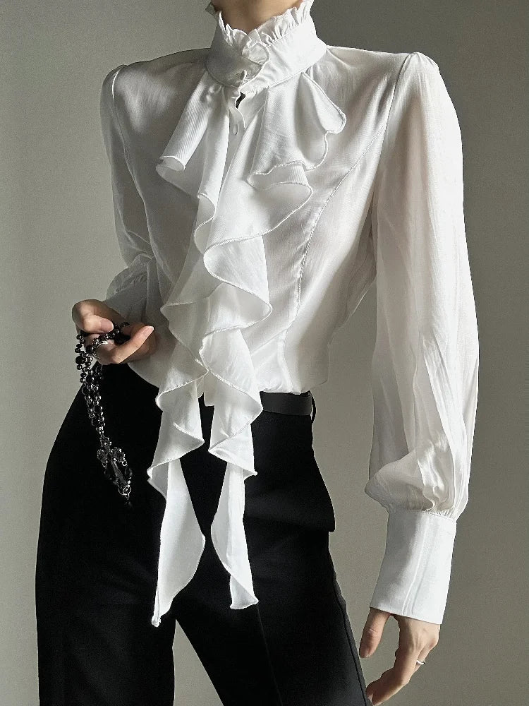 Camisa Vintage Gótica Negra Base Mujer Y2k Harajuku Cuello Alto Volantes Ajustada Blusas Japonesa Elegante Manga Larga Tops Nueva