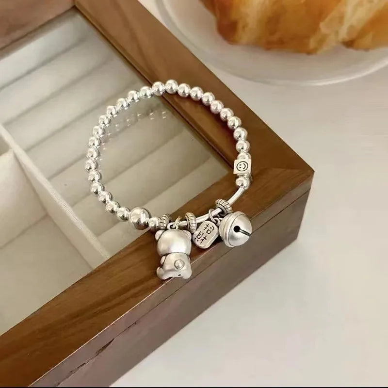 Pulsera Plata 925 Oso Fresa con Campana de la Fortuna para Mujer