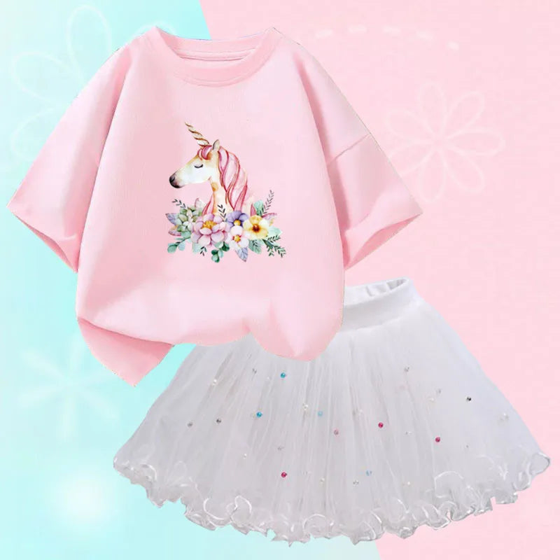 Fashion Summer Girls Clothes Korean Pretty T Shirt&mesh Tutu Skirt Two Piece Outfits Set 3-14 Year Children Party Clothing