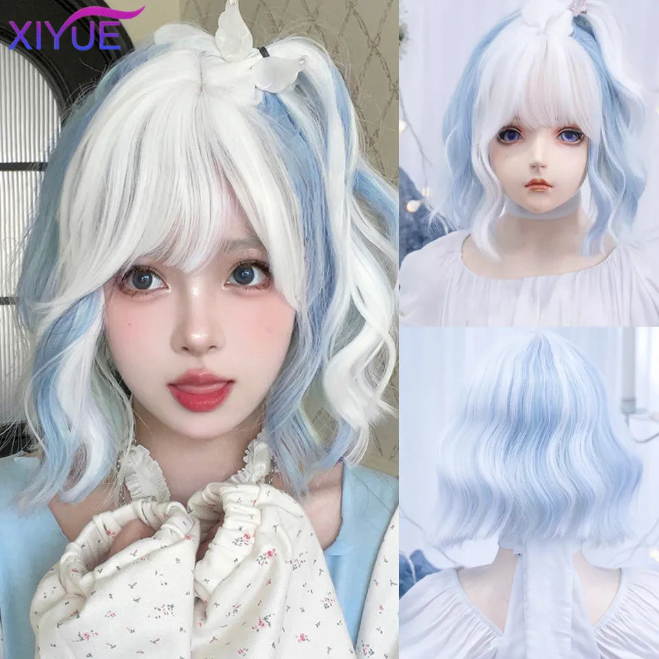 Peluca Sintética Corta con Dobles Coletas Rizadas y Flequillo – Estilo Lolita Cosplay