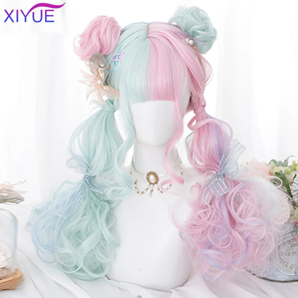 Peluca Sintética Corta con Dobles Coletas Rizadas y Flequillo – Estilo Lolita Cosplay