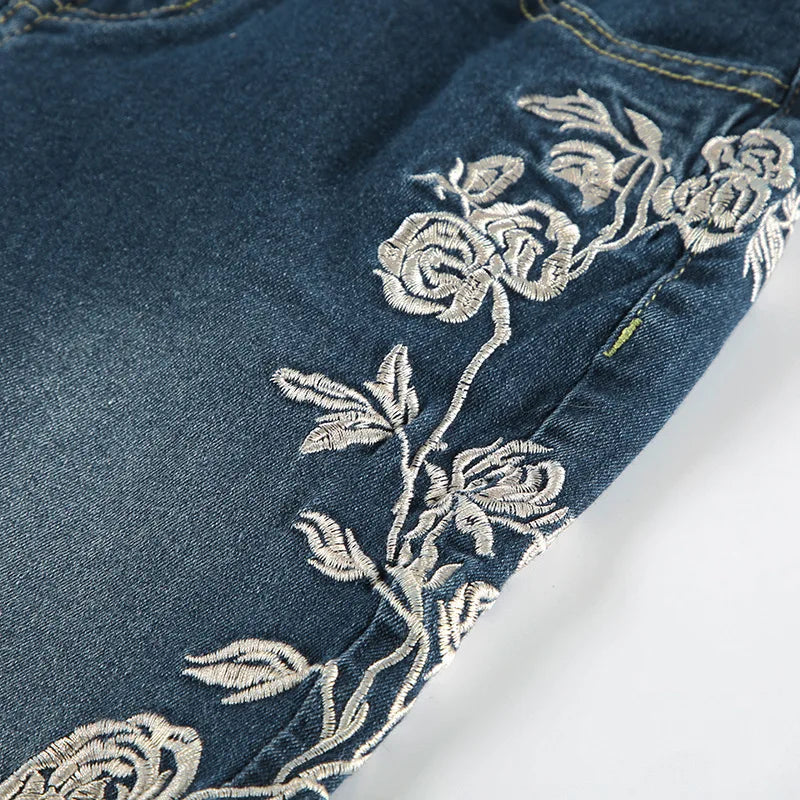 Plant Printed Embroidery Y2K Flare Jeans Women Vintage Skinny Boot Cut Trousers Fashion Street 2000s Denim Pants Fall
