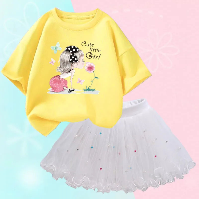 Fashion Summer Girls Clothes Korean Pretty T Shirt&mesh Tutu Skirt Two Piece Outfits Set 3-14 Year Children Party Clothing