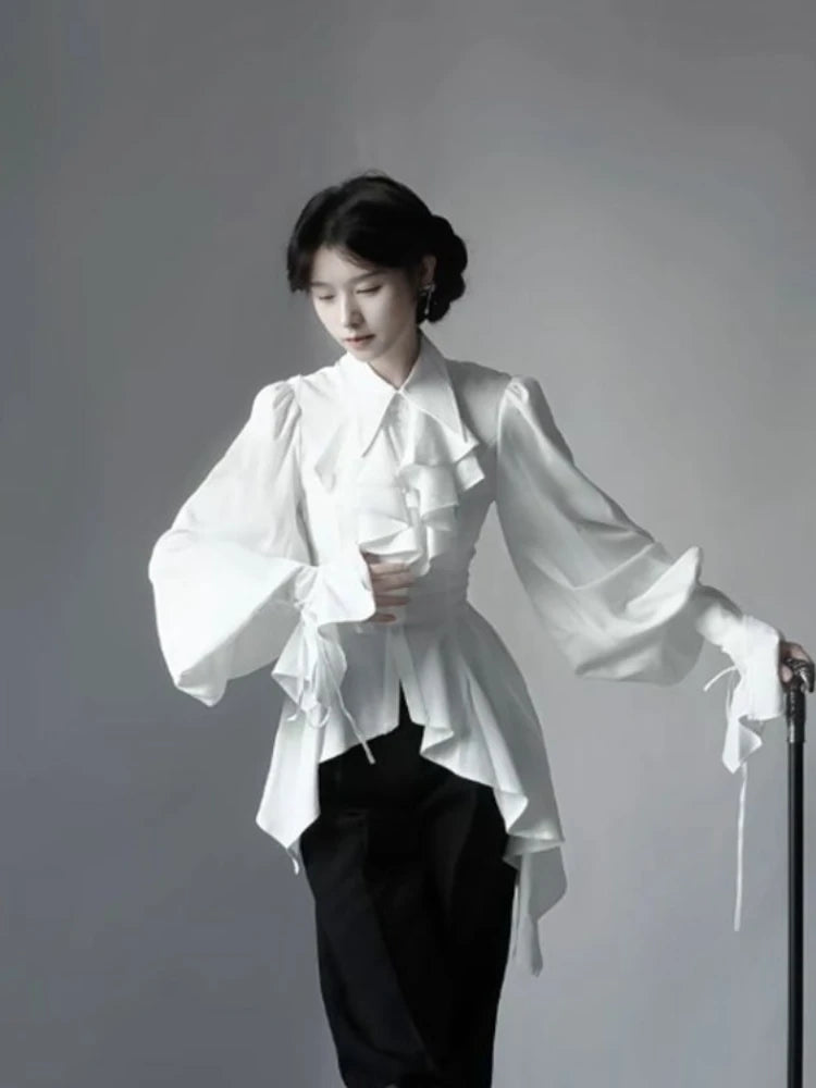Camisa Lolita Gótica Manga Larga Mujer Elegante Simple Blanca Combina con Todo Blusas 2025 Nuevo Otoño Ajustada Blusas Mujer