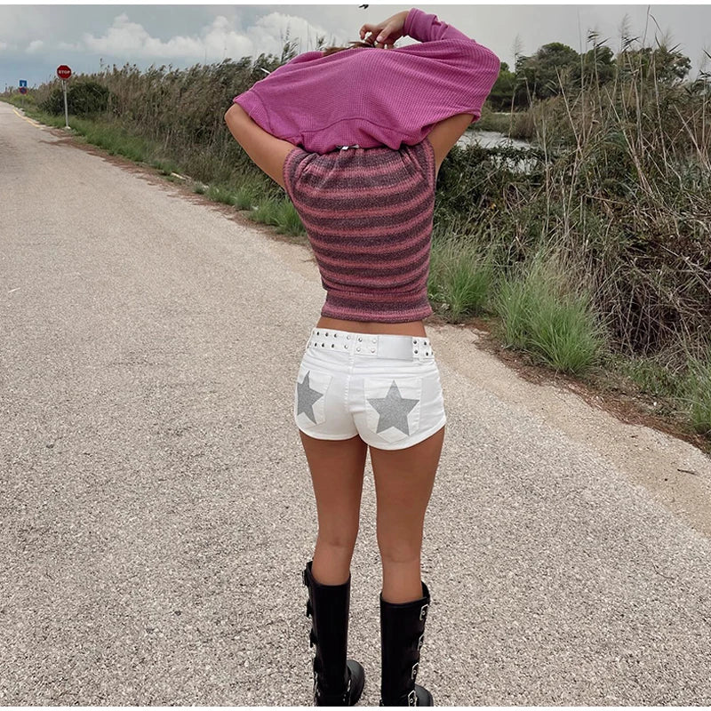 Front Bodycon 2026 Summer EdgyLeopard Rivet Star Embellished Denim Shorts Botton Women Bottoms Fashion Wild Casual Daily Shorts