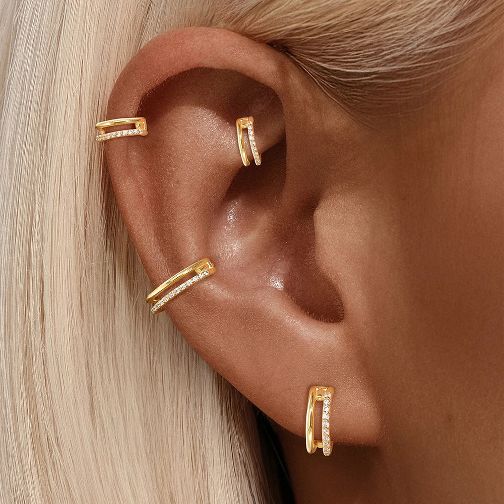 Aretes Clip Aro Doble Capa CZ Plata 925 Piercing para Mujer